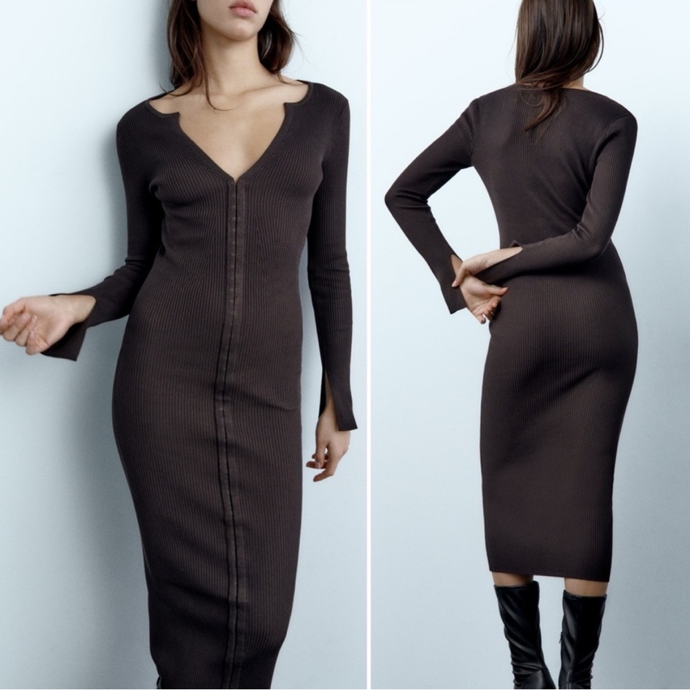 BNWT ZARA Brown Ribbed Long Sleeve Hook Closure Bodycon Midi Dress Size Medium